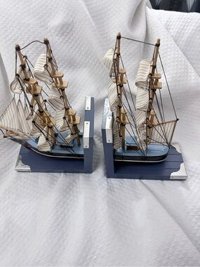 Nautical Wooden Ship Bookends in Blue and White